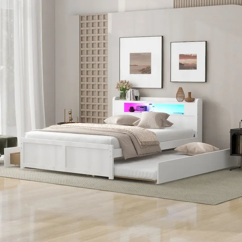 Queen Size Platform Bed with LED Lights & Trundle, Wood Storage Bed Frame with Headboard Shelf & 2 Drawers for Kids Teens Adults