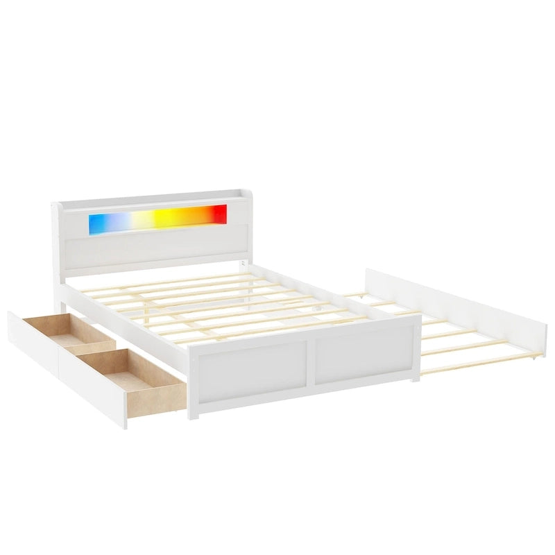 Queen Size Platform Bed with LED Lights & Trundle, Wood Storage Bed Frame with Headboard Shelf & 2 Drawers for Kids Teens Adults