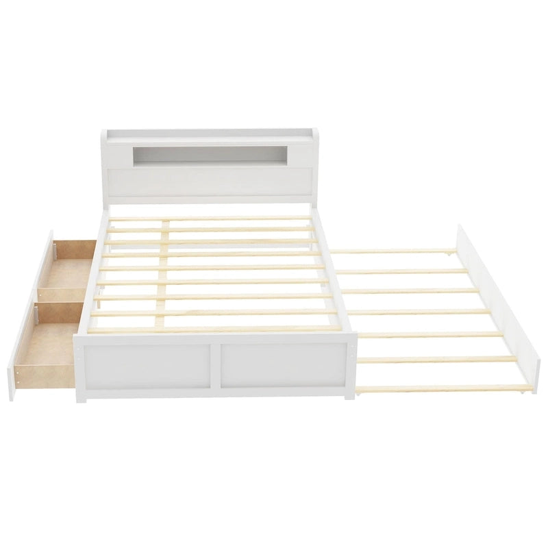 Queen Size Platform Bed with LED Lights & Trundle, Wood Storage Bed Frame with Headboard Shelf & 2 Drawers for Kids Teens Adults