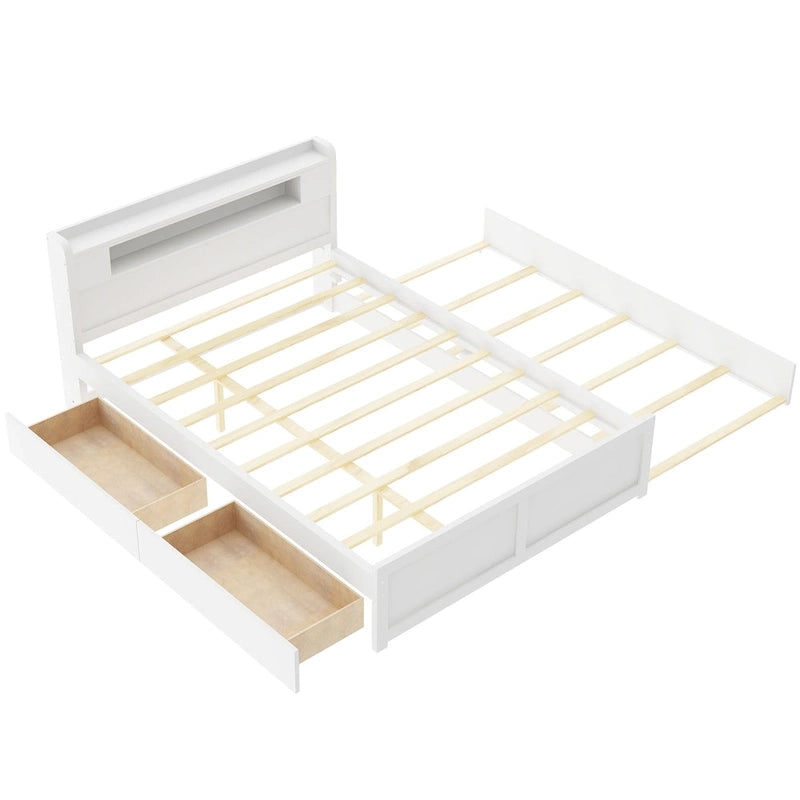 Queen Size Platform Bed with LED Lights & Trundle, Wood Storage Bed Frame with Headboard Shelf & 2 Drawers for Kids Teens Adults