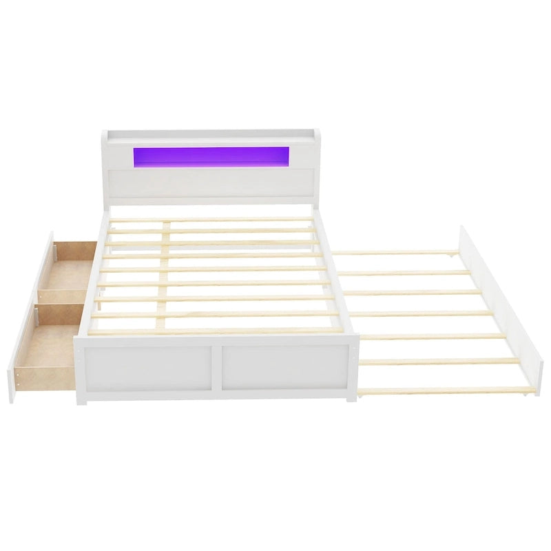 Queen Size Platform Bed with LED Lights & Trundle, Wood Storage Bed Frame with Headboard Shelf & 2 Drawers for Kids Teens Adults