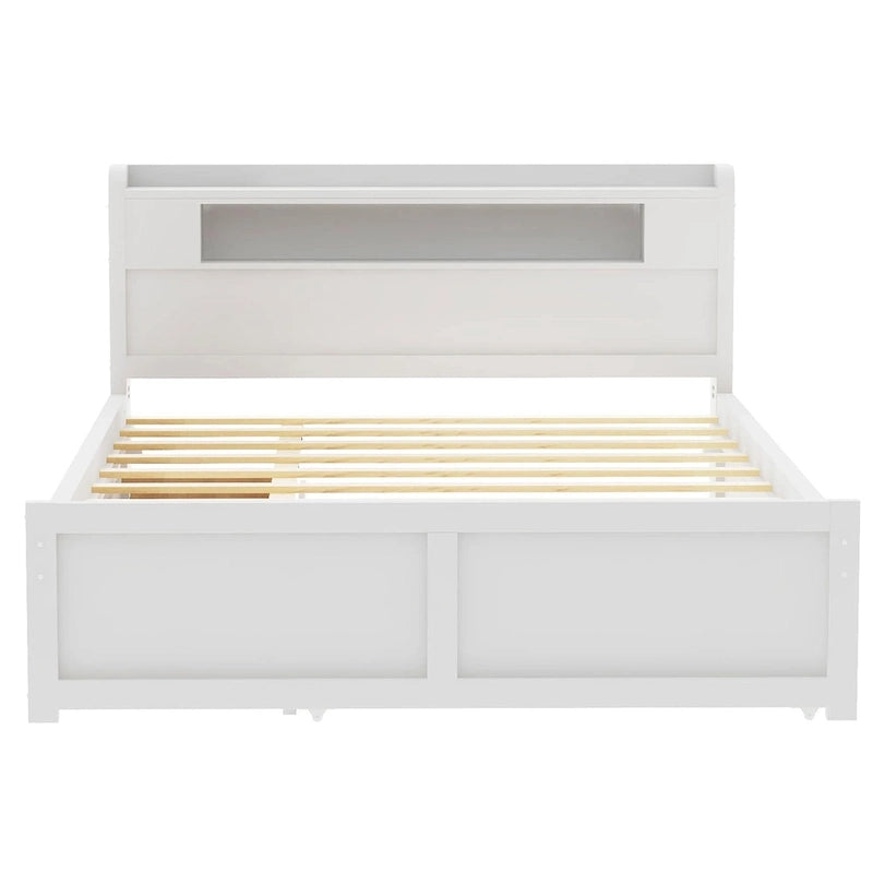 Queen Size Platform Bed with LED Lights & Trundle, Wood Storage Bed Frame with Headboard Shelf & 2 Drawers for Kids Teens Adults