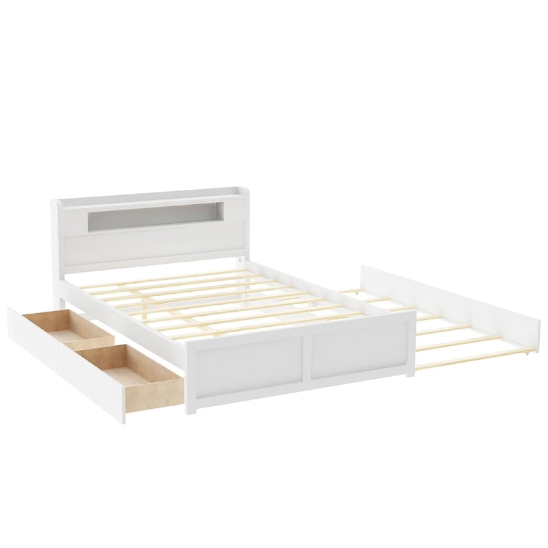 Queen Size Platform Bed with LED Lights & Trundle, Wood Storage Bed Frame with Headboard Shelf & 2 Drawers for Kids Teens Adults