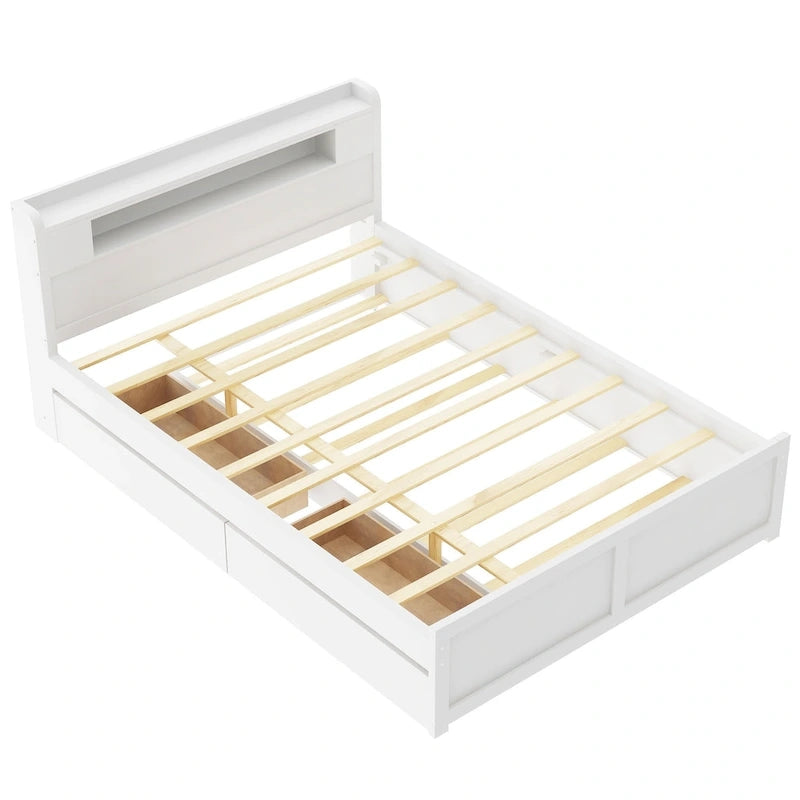 Queen Size Platform Bed with LED Lights & Trundle, Wood Storage Bed Frame with Headboard Shelf & 2 Drawers for Kids Teens Adults