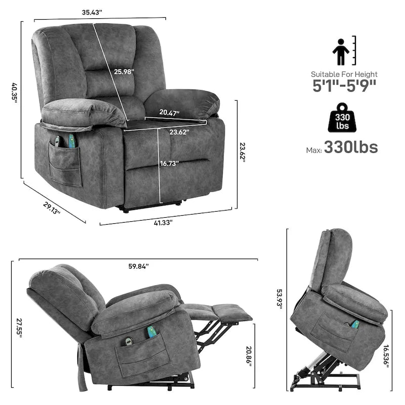 Modern Power Lift Recliner Chair Single Massage Sofa with Lumbar Heating and Timer Setting for Elderly