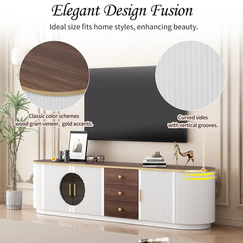 70.8 Floor Curved Storage TV Stand with 3 Drawers 3-Door Decorative TV Cabinet for TVs up to 80 Media Console Table