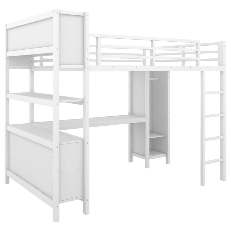 All-in-One Metal Loft Bed with L-Shaped Desk & Wardrobe, Bedrooms Bed Frame with Storage Cubes, Shelves, Full-Length Guardrails