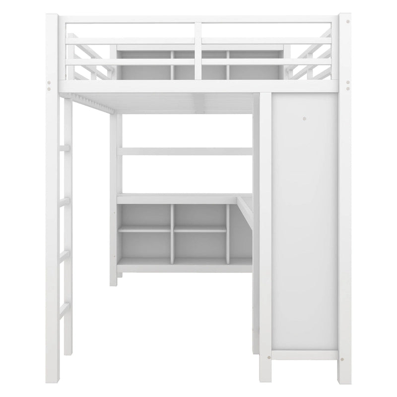 All-in-One Metal Loft Bed with L-Shaped Desk & Wardrobe, Bedrooms Bed Frame with Storage Cubes, Shelves, Full-Length Guardrails