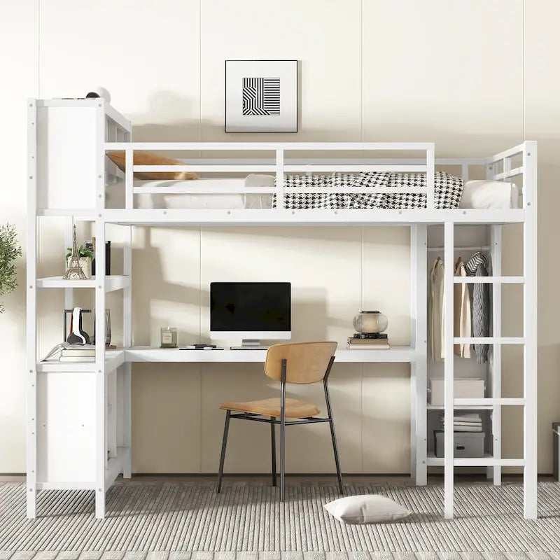 All-in-One Metal Loft Bed with L-Shaped Desk & Wardrobe, Bedrooms Bed Frame with Storage Cubes, Shelves, Full-Length Guardrails
