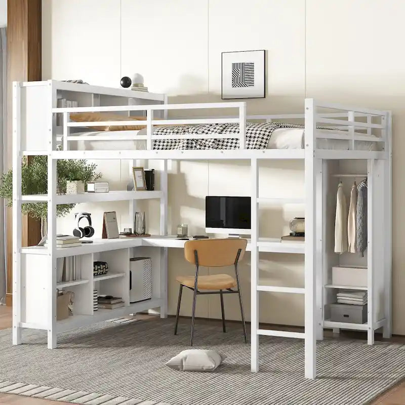All-in-One Metal Loft Bed with L-Shaped Desk & Wardrobe, Bedrooms Bed Frame with Storage Cubes, Shelves, Full-Length Guardrails