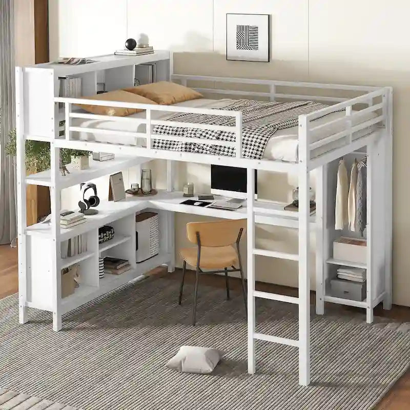 All-in-One Metal Loft Bed with L-Shaped Desk & Wardrobe, Bedrooms Bed Frame with Storage Cubes, Shelves, Full-Length Guardrails