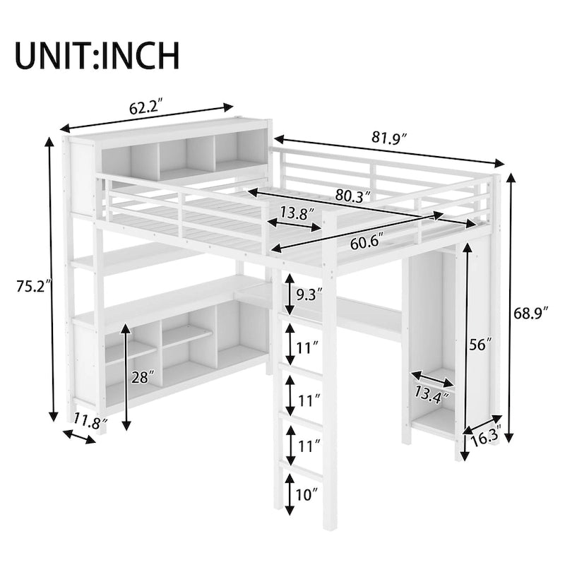 All-in-One Metal Loft Bed with L-Shaped Desk & Wardrobe, Bedrooms Bed Frame with Storage Cubes, Shelves, Full-Length Guardrails