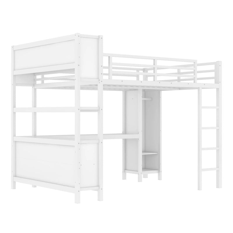 All-in-One Metal Loft Bed with L-Shaped Desk & Wardrobe, Bedrooms Bed Frame with Storage Cubes, Shelves, Full-Length Guardrails