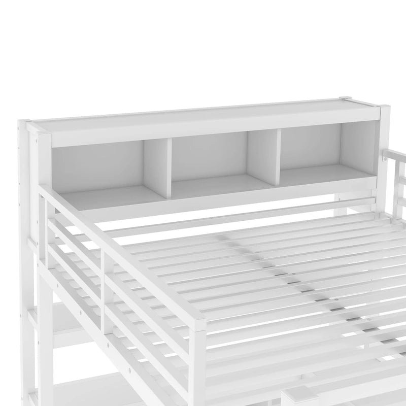 All-in-One Metal Loft Bed with L-Shaped Desk & Wardrobe, Bedrooms Bed Frame with Storage Cubes, Shelves, Full-Length Guardrails