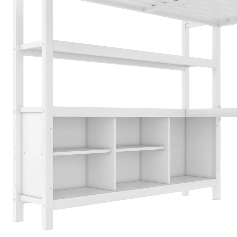 All-in-One Metal Loft Bed with L-Shaped Desk & Wardrobe, Bedrooms Bed Frame with Storage Cubes, Shelves, Full-Length Guardrails
