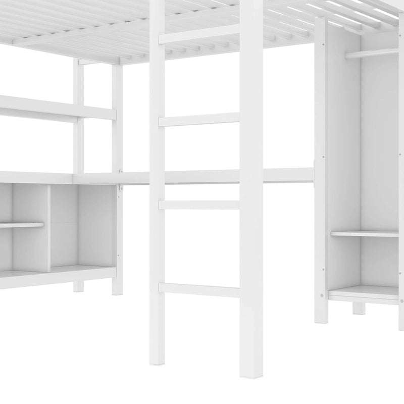 All-in-One Metal Loft Bed with L-Shaped Desk & Wardrobe, Bedrooms Bed Frame with Storage Cubes, Shelves, Full-Length Guardrails
