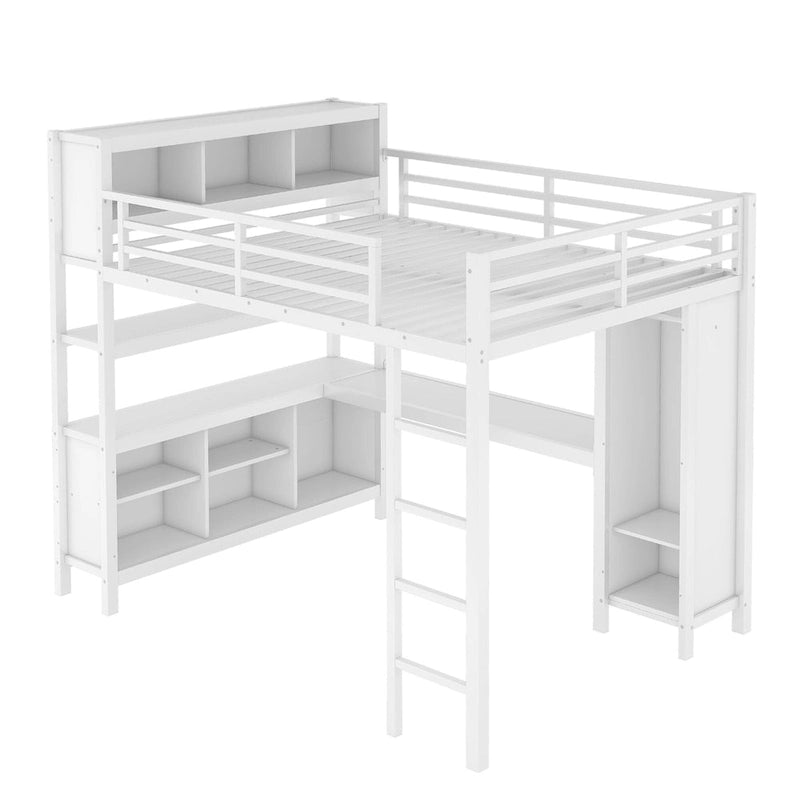 All-in-One Metal Loft Bed with L-Shaped Desk & Wardrobe, Bedrooms Bed Frame with Storage Cubes, Shelves, Full-Length Guardrails