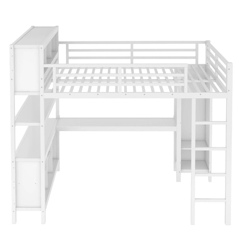 All-in-One Metal Loft Bed with L-Shaped Desk & Wardrobe, Bedrooms Bed Frame with Storage Cubes, Shelves, Full-Length Guardrails