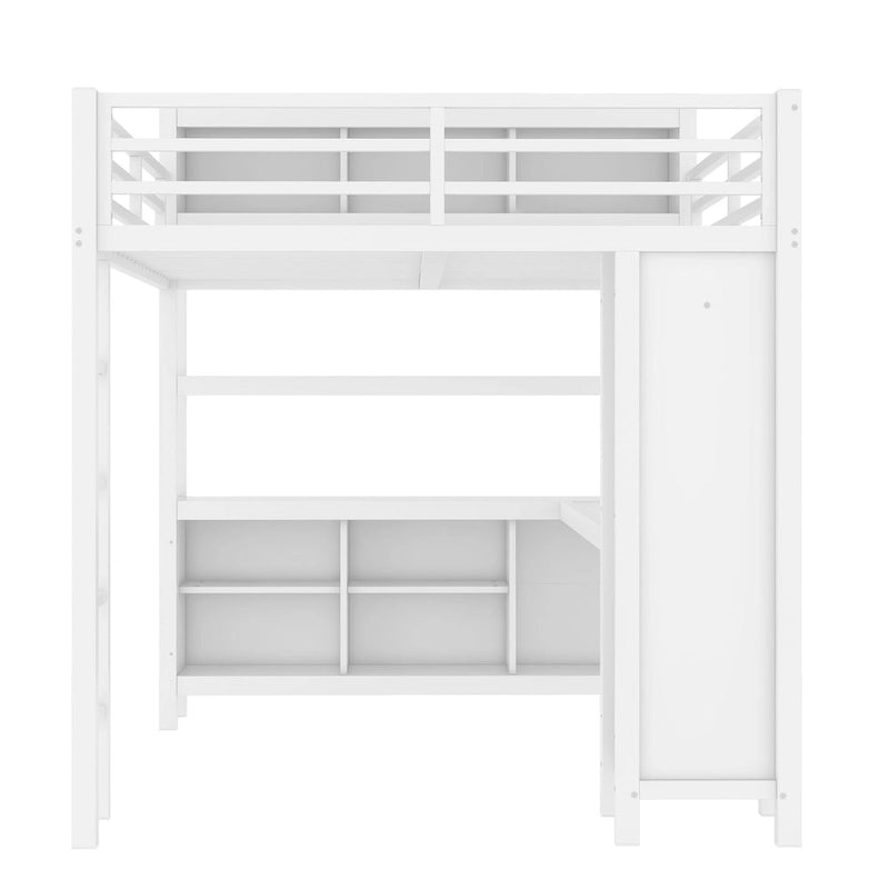 All-in-One Metal Loft Bed with L-Shaped Desk & Wardrobe, Bedrooms Bed Frame with Storage Cubes, Shelves, Full-Length Guardrails