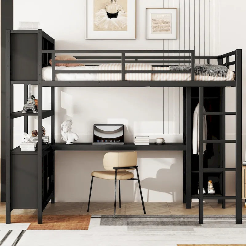 All-in-One Metal Loft Bed with L-Shaped Desk & Wardrobe, Bedrooms Bed Frame with Storage Cubes, Shelves, Full-Length Guardrails