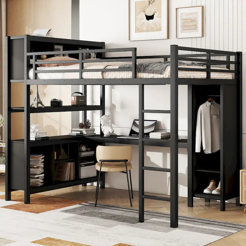 All-in-One Metal Loft Bed with L-Shaped Desk & Wardrobe, Bedrooms Bed Frame with Storage Cubes, Shelves, Full-Length Guardrails