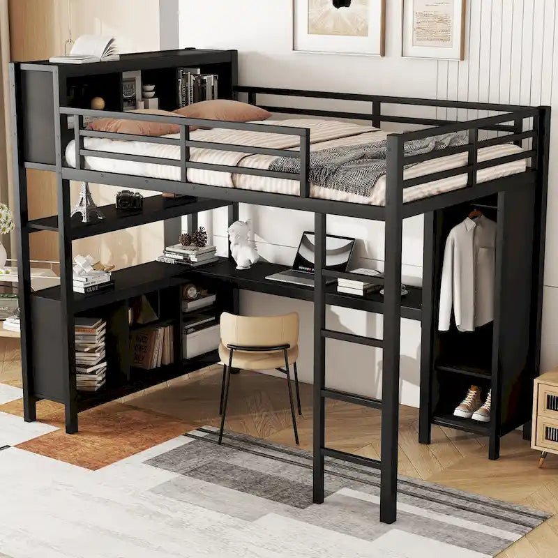 All-in-One Metal Loft Bed with L-Shaped Desk & Wardrobe, Bedrooms Bed Frame with Storage Cubes, Shelves, Full-Length Guardrails