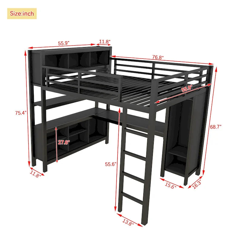 All-in-One Metal Loft Bed with L-Shaped Desk & Wardrobe, Bedrooms Bed Frame with Storage Cubes, Shelves, Full-Length Guardrails