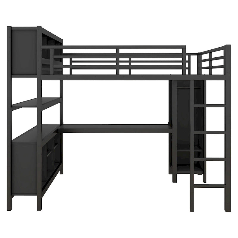 All-in-One Metal Loft Bed with L-Shaped Desk & Wardrobe, Bedrooms Bed Frame with Storage Cubes, Shelves, Full-Length Guardrails
