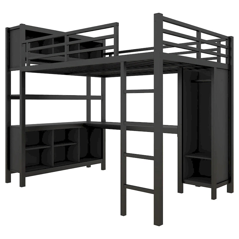 All-in-One Metal Loft Bed with L-Shaped Desk & Wardrobe, Bedrooms Bed Frame with Storage Cubes, Shelves, Full-Length Guardrails