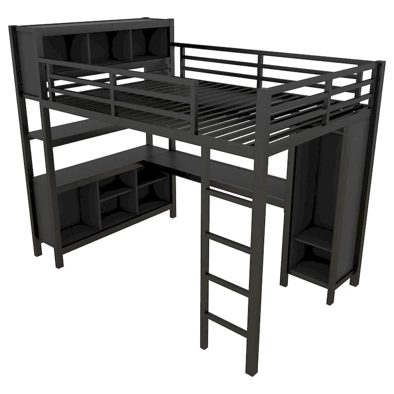 All-in-One Metal Loft Bed with L-Shaped Desk & Wardrobe, Bedrooms Bed Frame with Storage Cubes, Shelves, Full-Length Guardrails