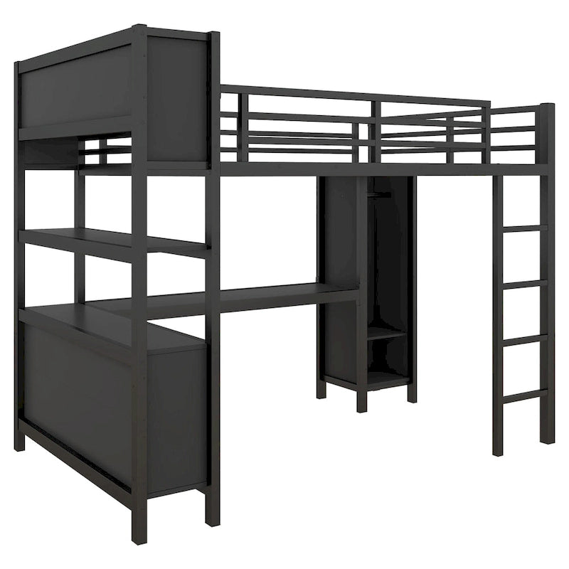 All-in-One Metal Loft Bed with L-Shaped Desk & Wardrobe, Bedrooms Bed Frame with Storage Cubes, Shelves, Full-Length Guardrails