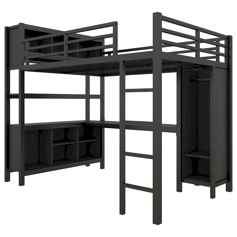 All-in-One Metal Loft Bed with L-Shaped Desk & Wardrobe, Bedrooms Bed Frame with Storage Cubes, Shelves, Full-Length Guardrails