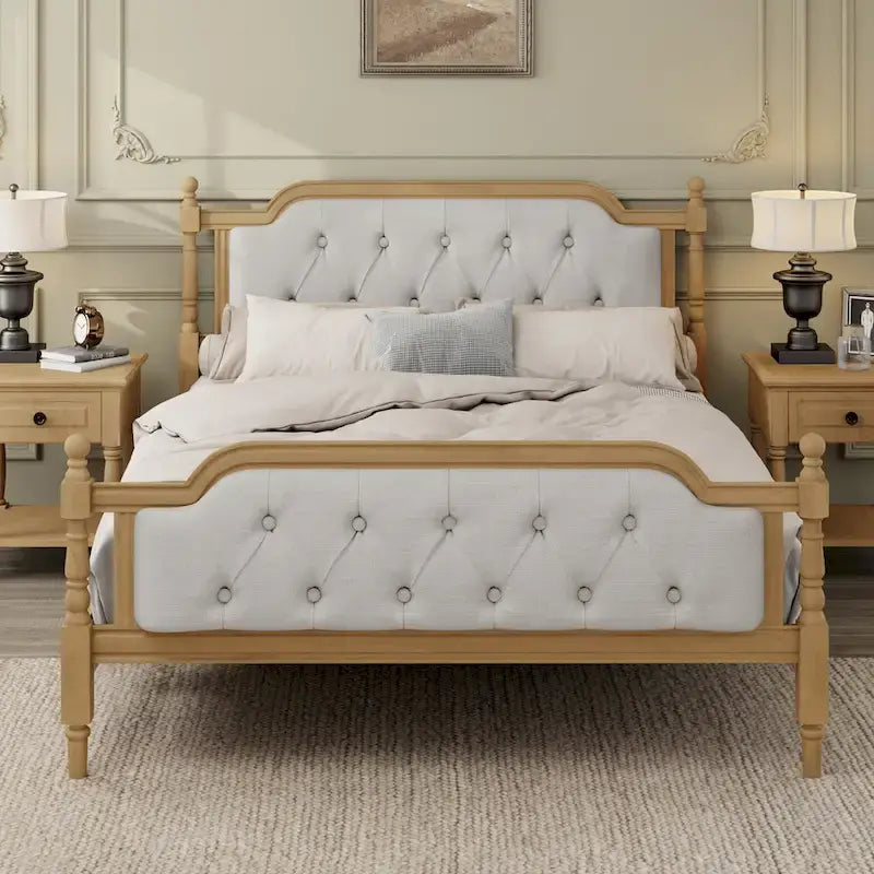Full Size French Provincial Bed With Tufted Upholstered Headboard And Solid Pine Frame