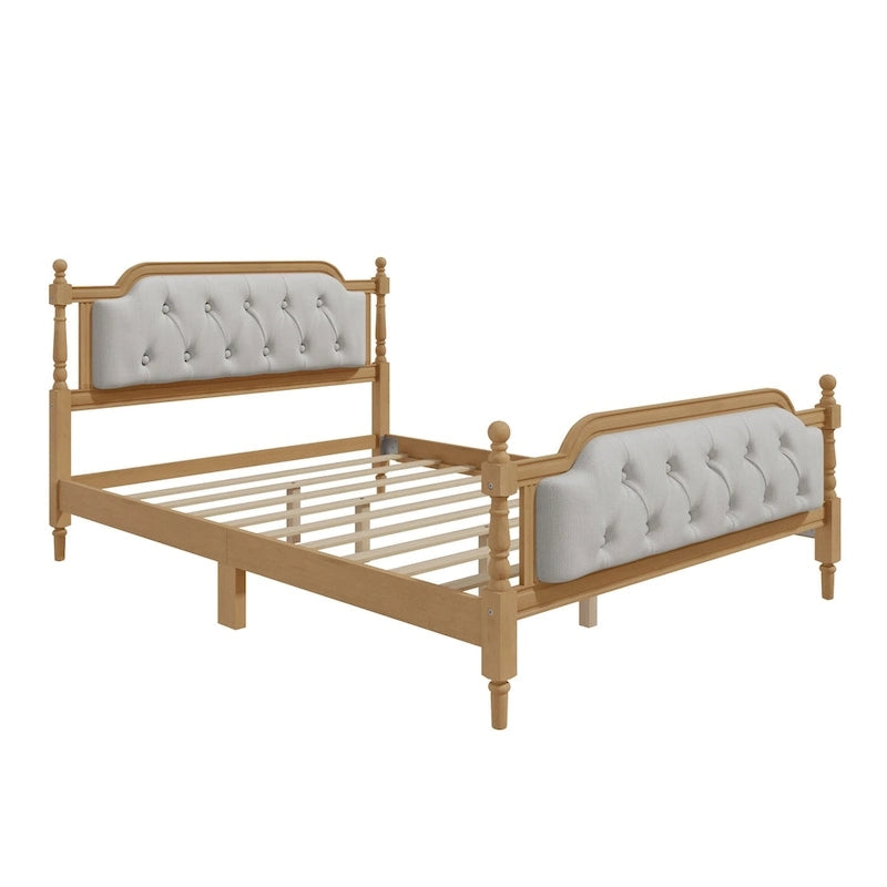 Full Size French Provincial Bed With Tufted Upholstered Headboard And Solid Pine Frame