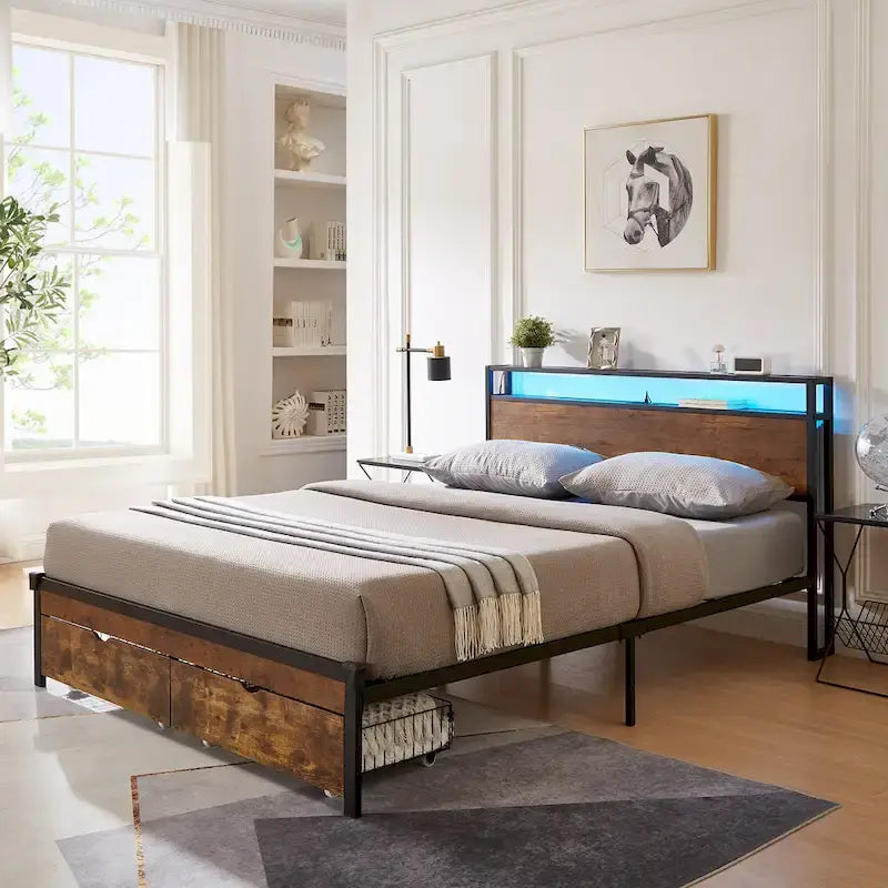 King Size Metal Platform Bed with LED Lights,Wooden Headboard and Two Drawers for Bedroom