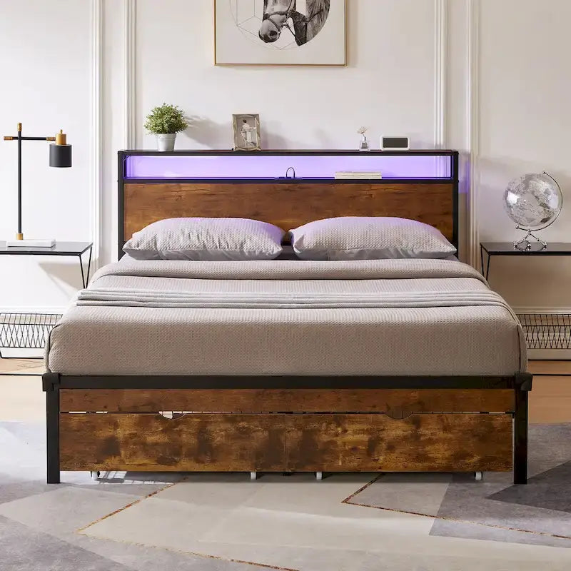 King Size Metal Platform Bed with LED Lights,Wooden Headboard and Two Drawers for Bedroom