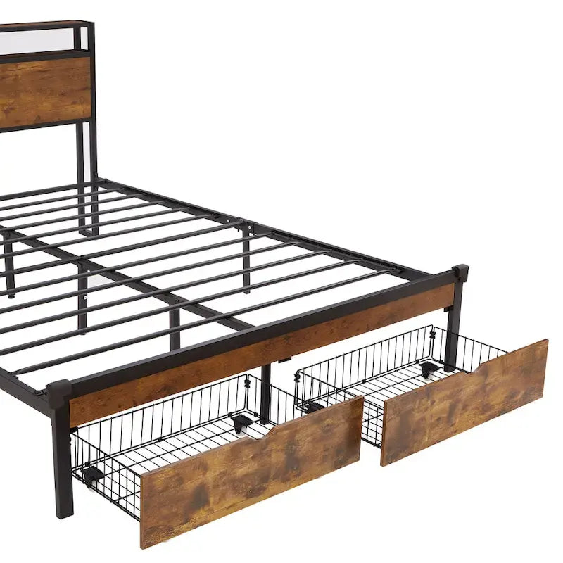 King Size Metal Platform Bed with LED Lights,Wooden Headboard and Two Drawers for Bedroom