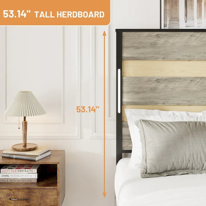 Queen Size Metal Platform Bed with Charging Station and 4 Drawers