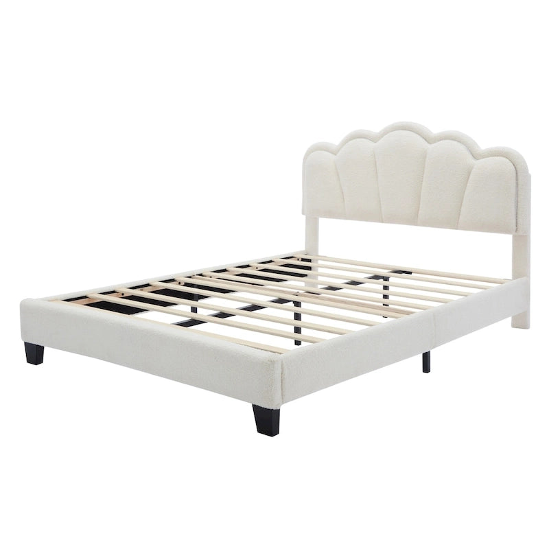 White Full Size Sherpa Upholstered Bed with Floral Headboard