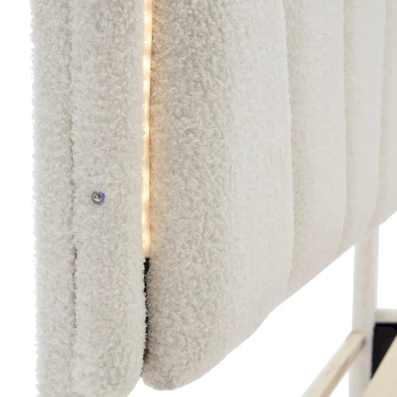 White Full Size Sherpa Upholstered Bed with Floral Headboard