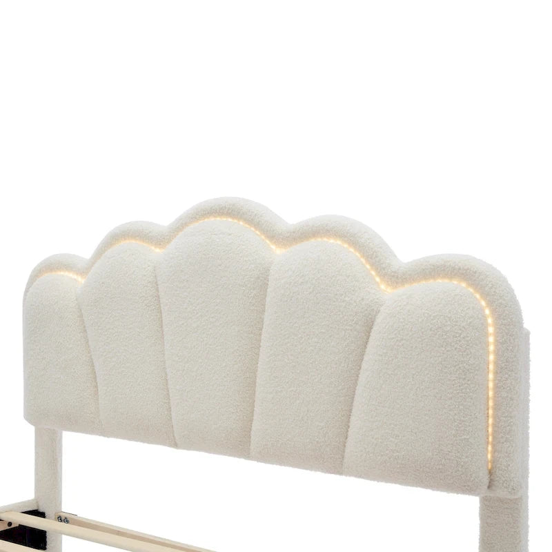 White Full Size Sherpa Upholstered Bed with Floral Headboard