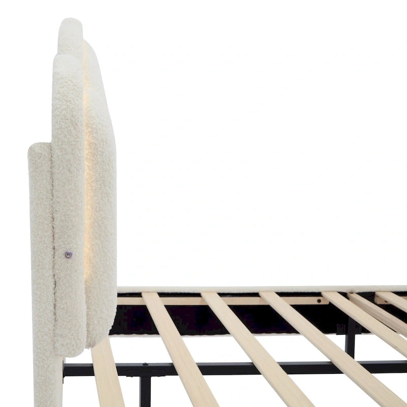 White Full Size Sherpa Upholstered Bed with Floral Headboard