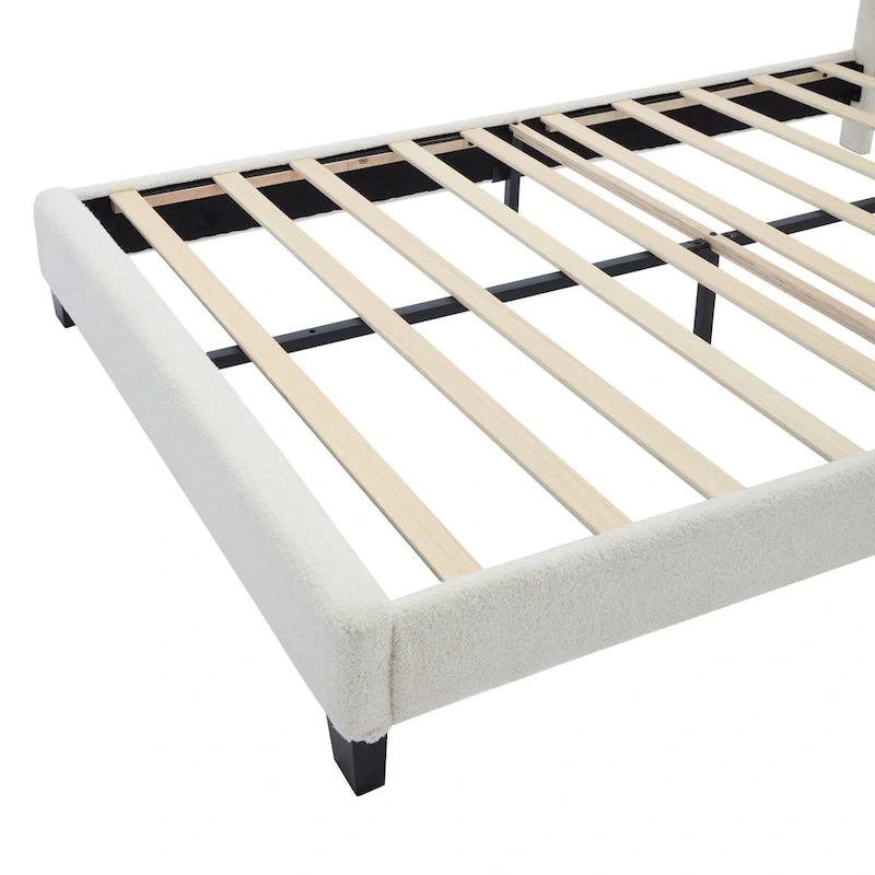 White Full Size Sherpa Upholstered Bed with Floral Headboard