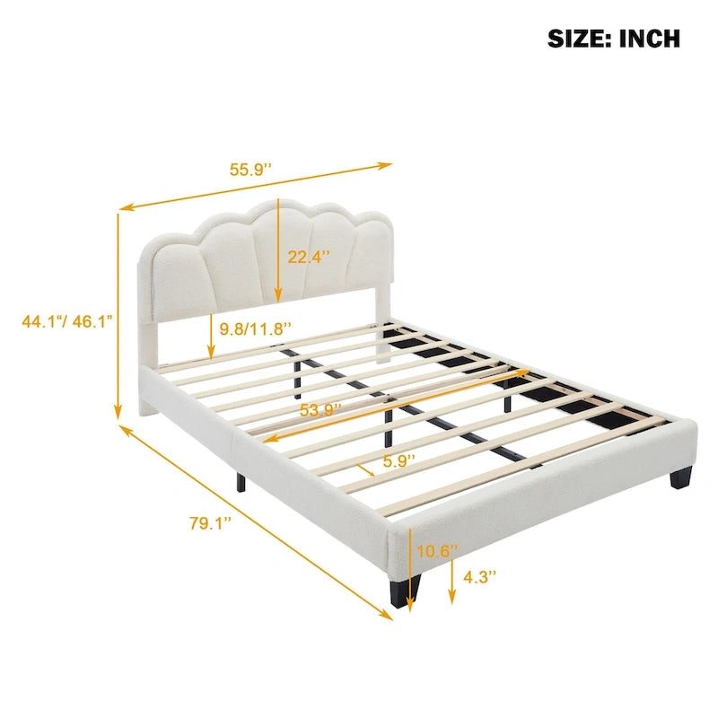 White Full Size Sherpa Upholstered Bed with Floral Headboard