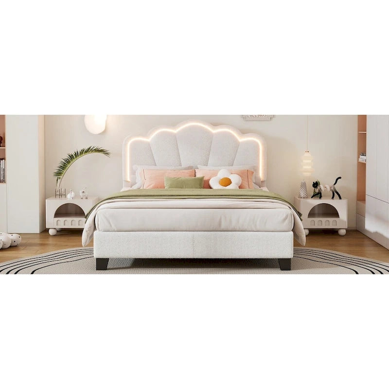 White Full Size Sherpa Upholstered Bed with Floral Headboard