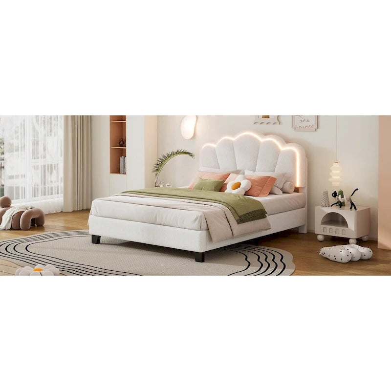 White Full Size Sherpa Upholstered Bed with Floral Headboard