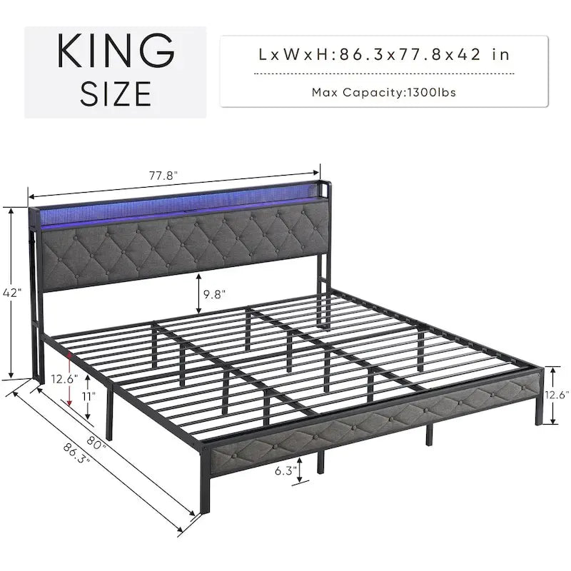 Grey King Bed with Storage Headboard