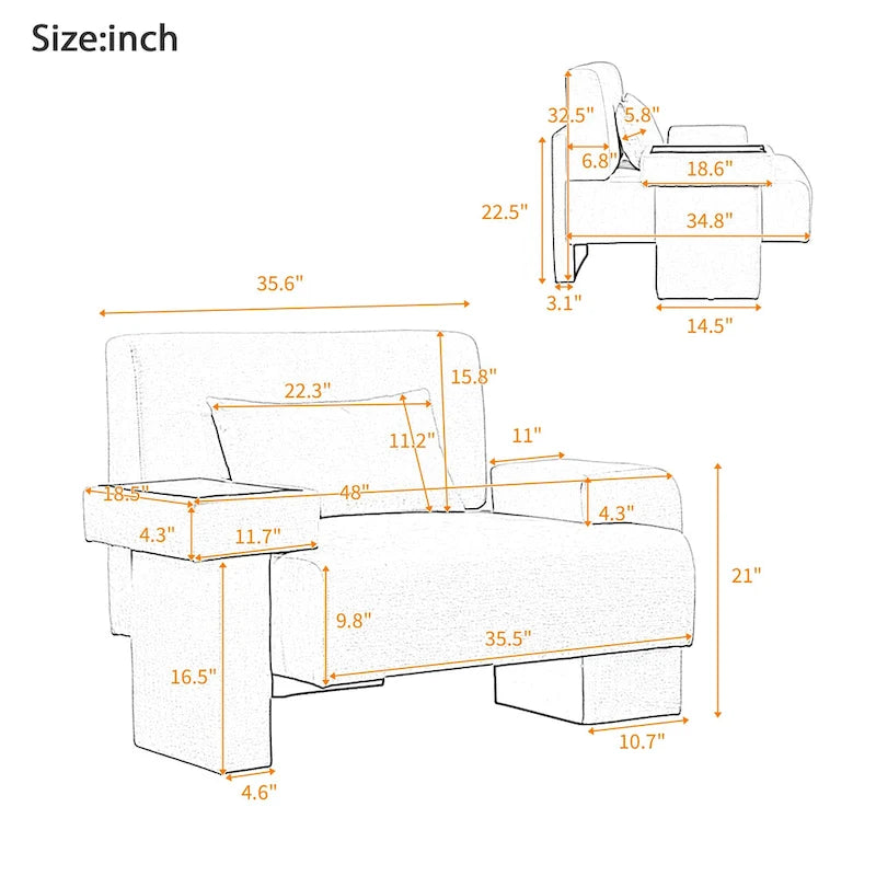 Polyester Oversized Armchair with Storage Asymmetrical Armrest and Modern Mid-Century Chair, 225lb Capacity