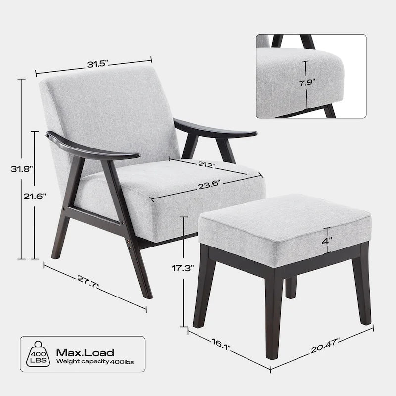 Mid Century 27.7 Upholstered Arm Chair with Solid Wood Frame and Ottoman