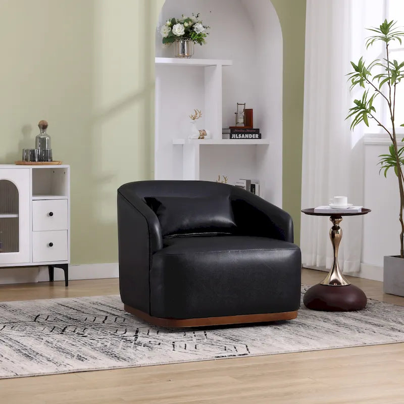 Black PU Modern 31.5 Upholstered 360 Swivel Barrel Chair with Metal Base for Living Room